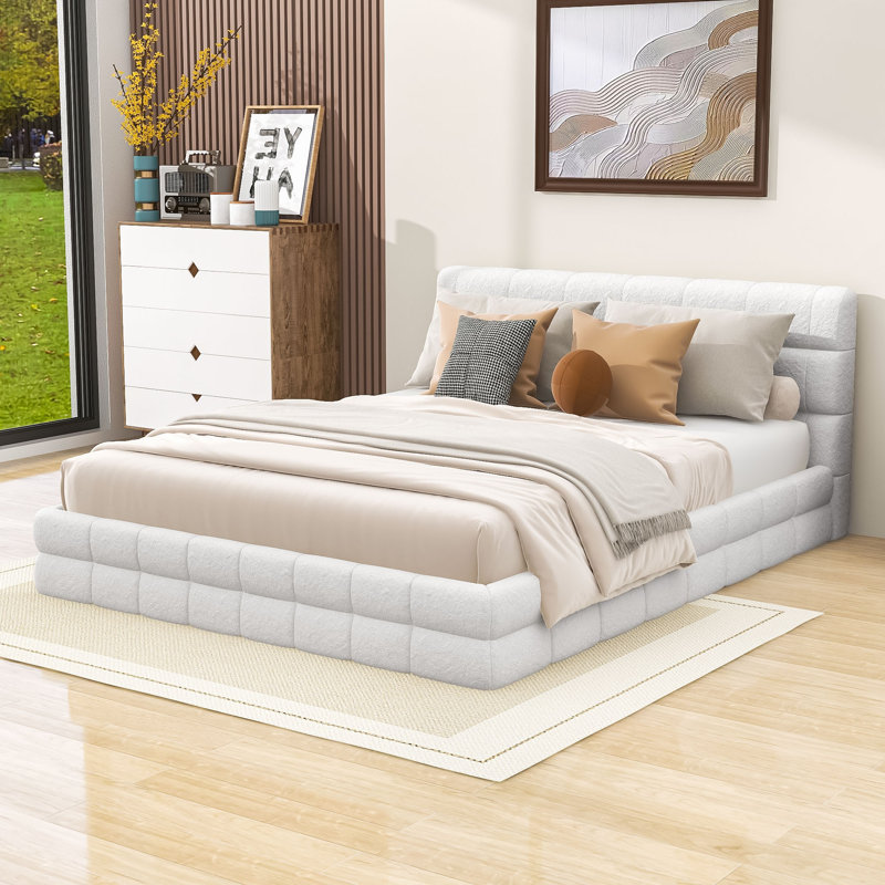 Queen Wooden Upholstered Platform Bed with Headboard, White