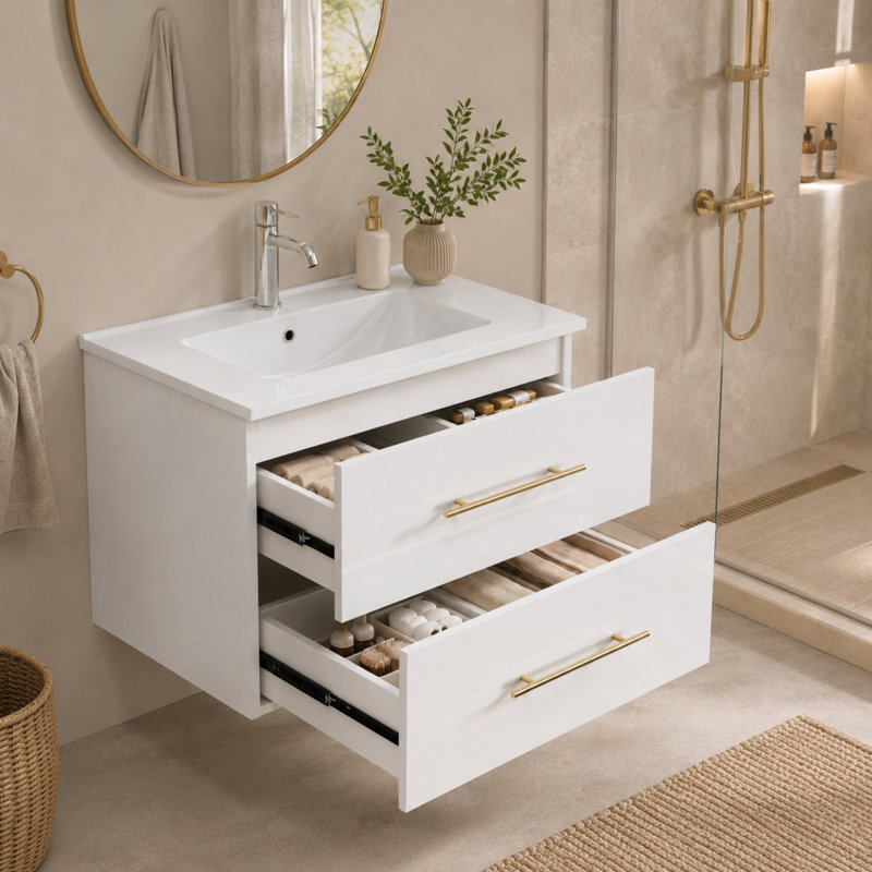 24" Wall-Mounted Glossy White Bathroom Vanity with Soft-Close Doors and Ceramic Sink
