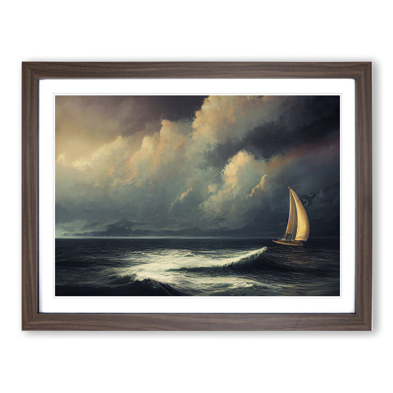 XH1022-7614X Sailing Boat on the Sea 1 Piece Single Picture Frame Painting, 25cm H x 34cm W x 2cm D, Walnut