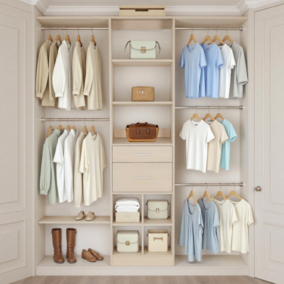 Closet System with 2 Drawers, Adjustable Height Closet Organizers, Modern Walk-in Wardrobe Organization with 5 Retractable Clothes Hanger Rods, Freestanding Garment Rack Storage