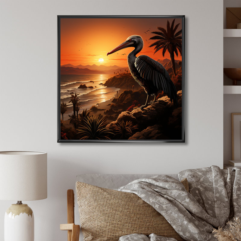 Coucher de soleil sur le rivage, Pelican Harmony II - Pelican, art mural, Cadre flottant noir, H 36 po x l 36 po x P 1,5 po