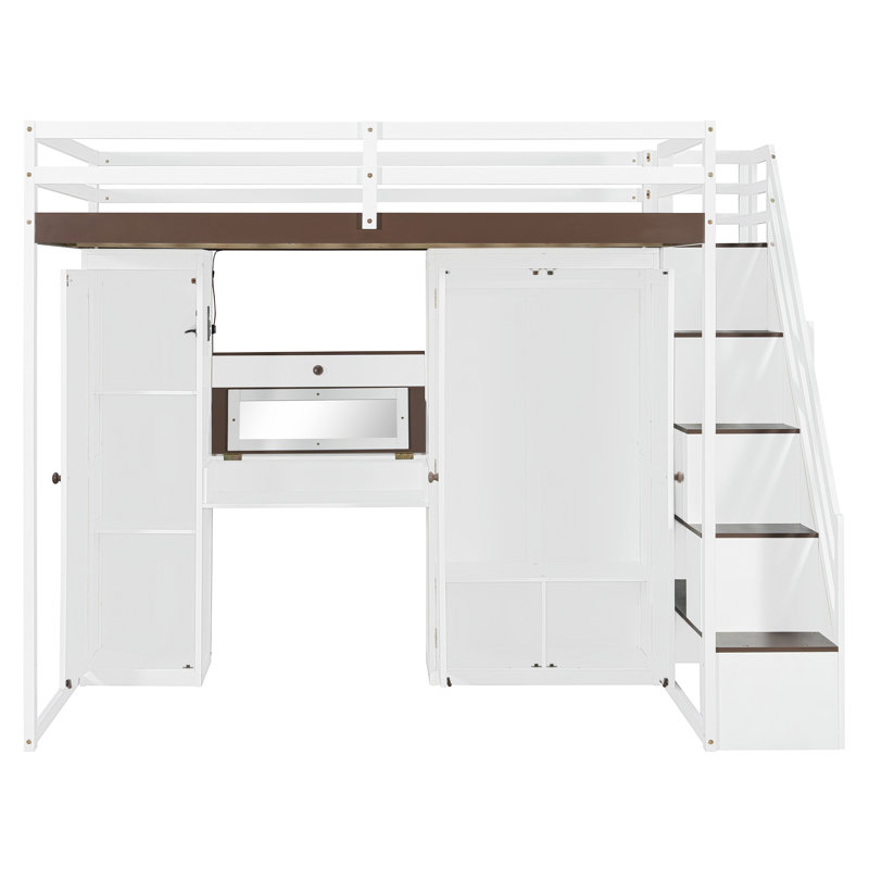 Full Modern Loft Bed With Lighted Vanity Desk, Storage Stairs, Cabinet And Armoire, White/Brown