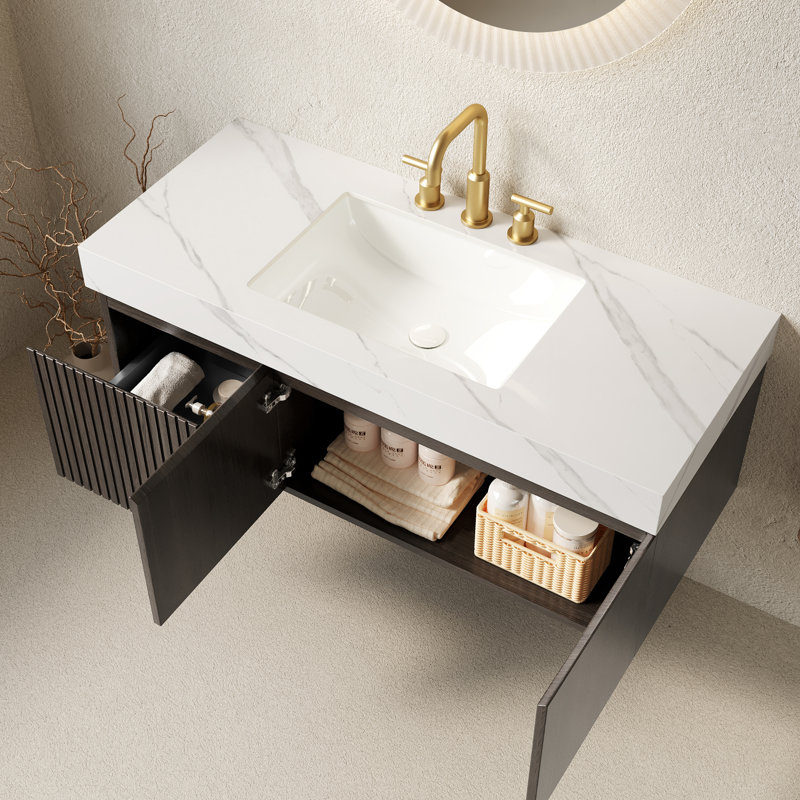 Meuble-lavabo flottant 48 po avec lavabo en céramique et plateau en pierre frittée 48 po