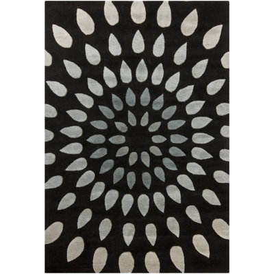 Pifer Authentic Hand-Tufted Handmade Black, Grey & Silver Modern Botanical Sunburst Wool Area Rug