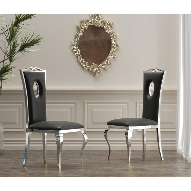 Montzerrat Upholstered Leather Dining Chair With Circular Hole Backrest And Carved Stainless Steel Legs, Armless Side Chair For Dining Room, Living Room, Or Bedroom 
