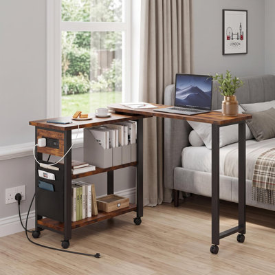 360° Rotating Sofa Side Table with Charging Station – Swivel End Table on Lockable Wheels – Storage Bag & USB Ports – Mobile Accent Table for Living Room or Bedroom
