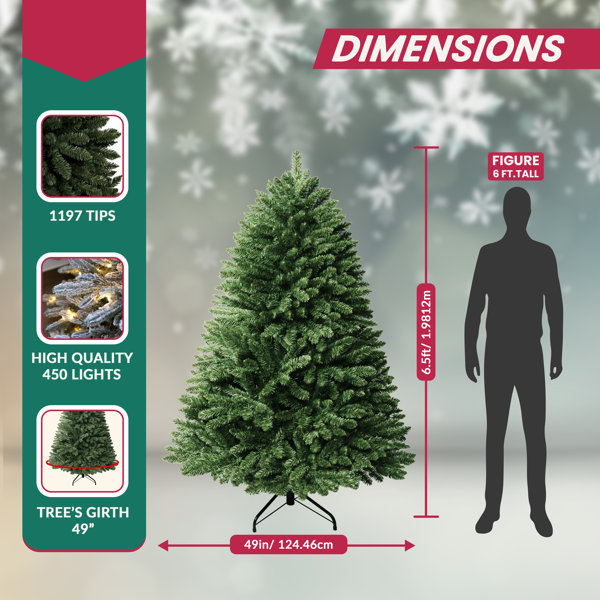 Traditional Prelit Artificial Christmas Tree with Warm Lights and Metal Stand, Wide Realistic Tree