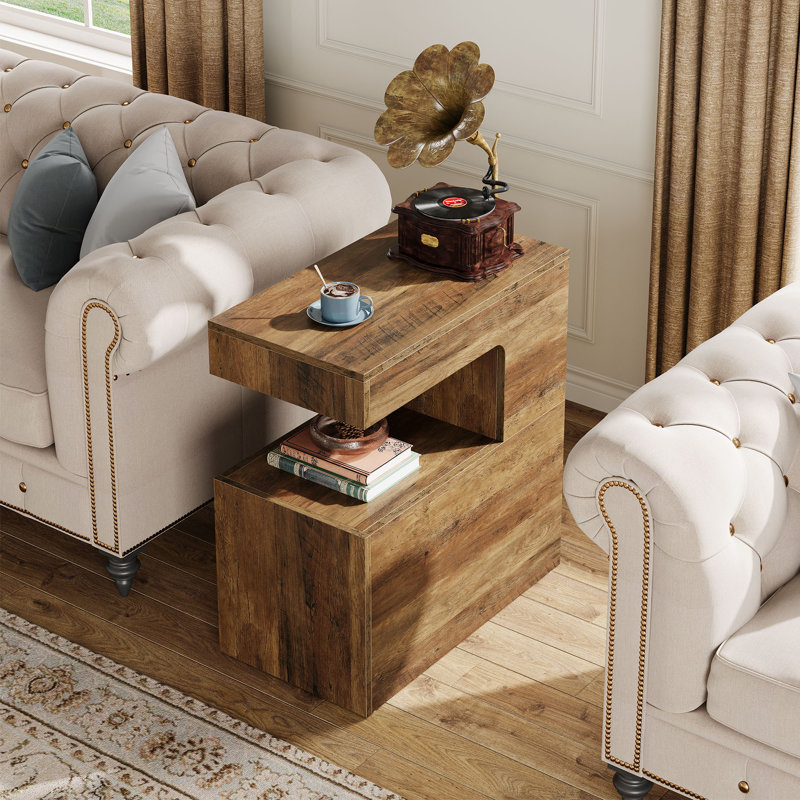 25.59" C-Shaped End Table with 2-Tier Storage, Rustic Brown Sofa Side Table
