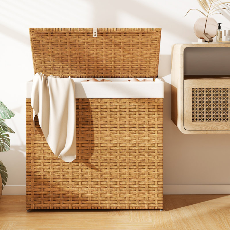  Panier à linge avec roulettes et couvercle 125l 3 sections avec 2 sacs , Marron clair