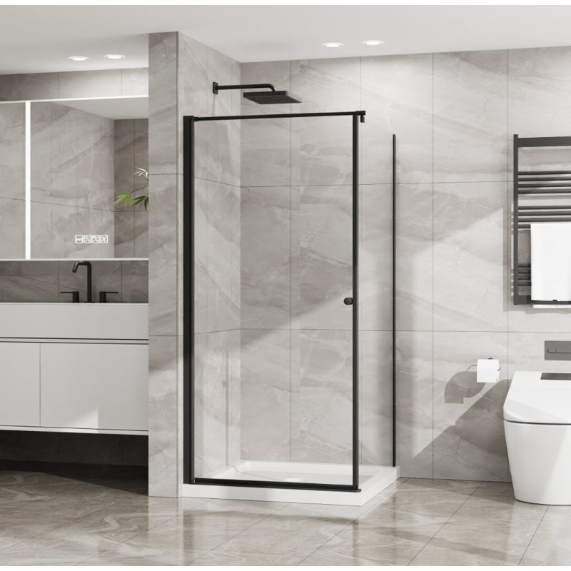 Cabine de douche d'angle sans cadre - 36 x 36 x 72 po, verre trempé transparent de 1/4 po, ouverture pivotante, finition noire