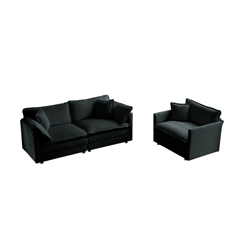 2 pièces et chaise en chenille noire. Structure solide en bois massif. Revêtement en chenille fine. Rembourrage en mousse souple. Combinaisons de sièges adaptables. Assemblage simple