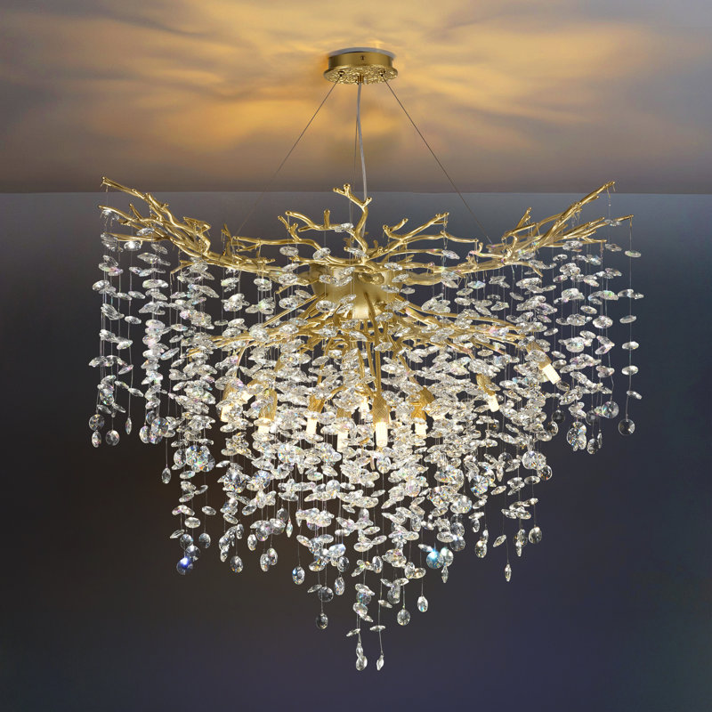 Diammable Tree Branches Crystal Chandelier with Crystal Accents, Gold, 35" H x 39" W x 39" D