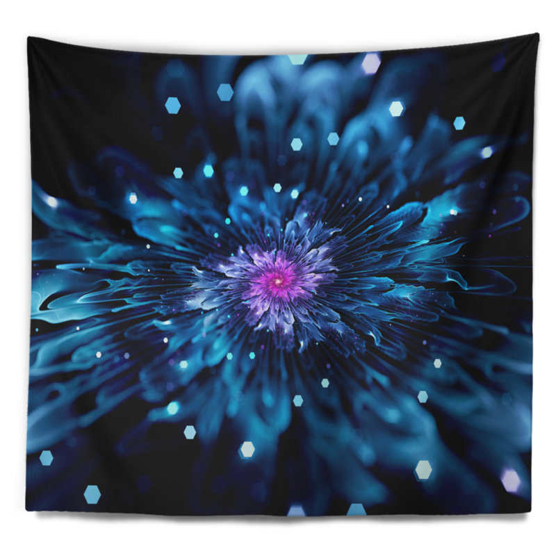 Tapisserie fleur bleue fractale avec particules brillantes, H 32 po x l 39 po