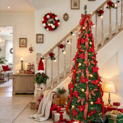 7FT Pop Up Pre-Lit Christmas Tree, Quick Setup Telescopic Artificial Xmas Tree with 200 Pre-Strung Lights, Pre-Decorated Balls, Satin Bows & Flowers for Indoor Holiday Decor