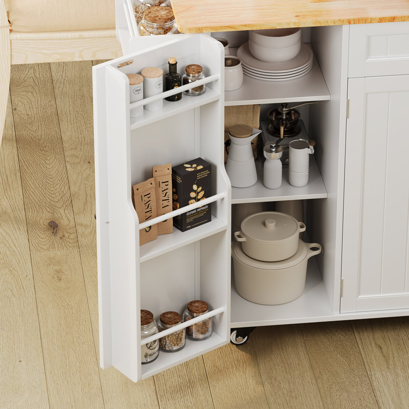 Modern Solid Wood Top Kitchen Island, Large Rolling Kitchen Cart with Drop Leaf Breakfast Bar, Mobile Kitchen Table with Large Drawers, Storage Cabinet & Locking Casters