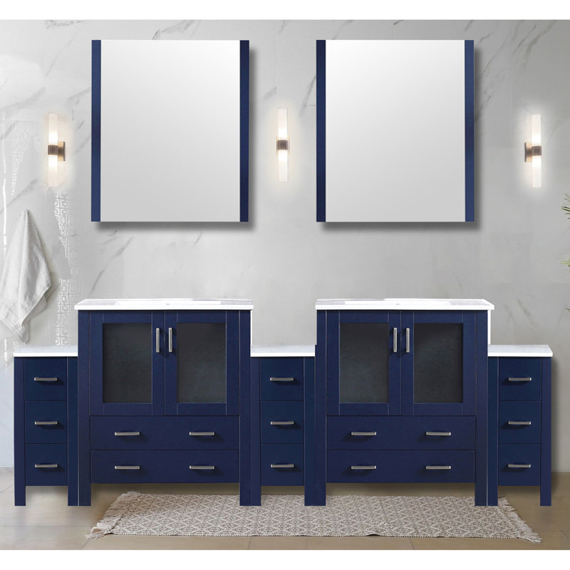 96 In. W, Navy Blue, Double Bath Vanity, Side Cabinets, White Ceramic Vanity Countertop, Solid Wood Structure Build, Soft - Closing Interior Drawers, Storage Space Management, Scratch Surface, Pre