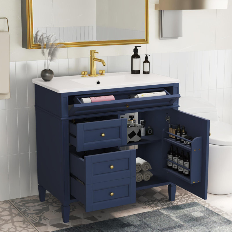 Ensemble de meuble-lavabo simple 36 po avec tiroirs et système de fermeture en douceur, Bleu / doré