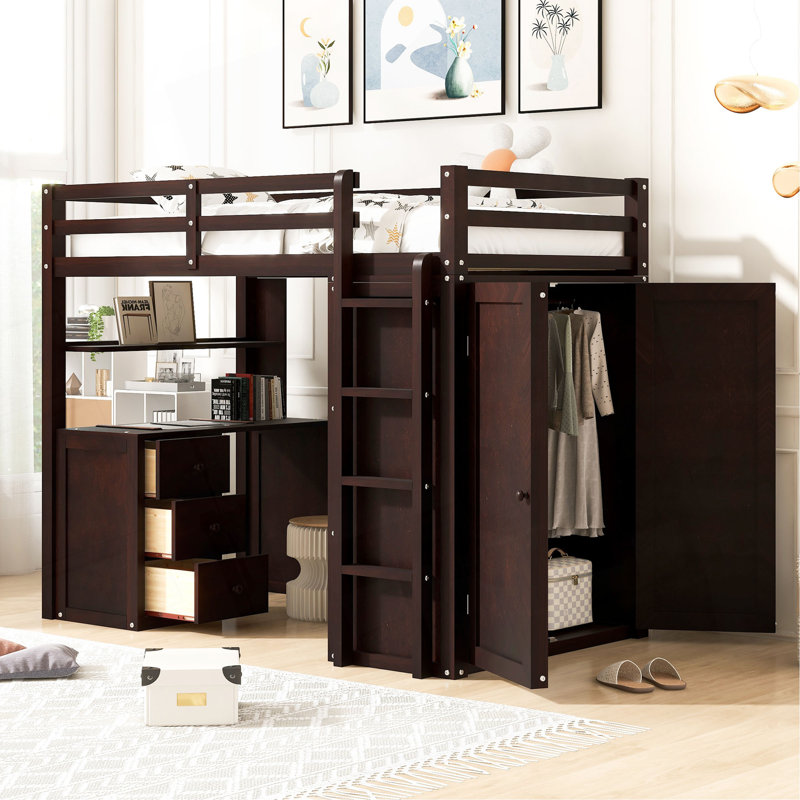Lit mezzanine avec tiroirs, bureau et garde-robe, Lit simple, Espresso