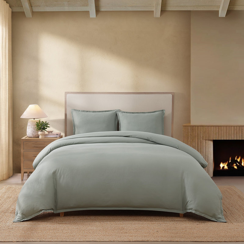 Standard Cotton-European Linen Duvet Cover Set, Queen Duvet Cover + 2 Standard Shams, Sage