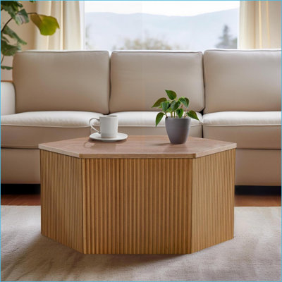 Fluted Hexagon Natural Oak Coffee Table for Small Spaces, Easy to Move and Assemble