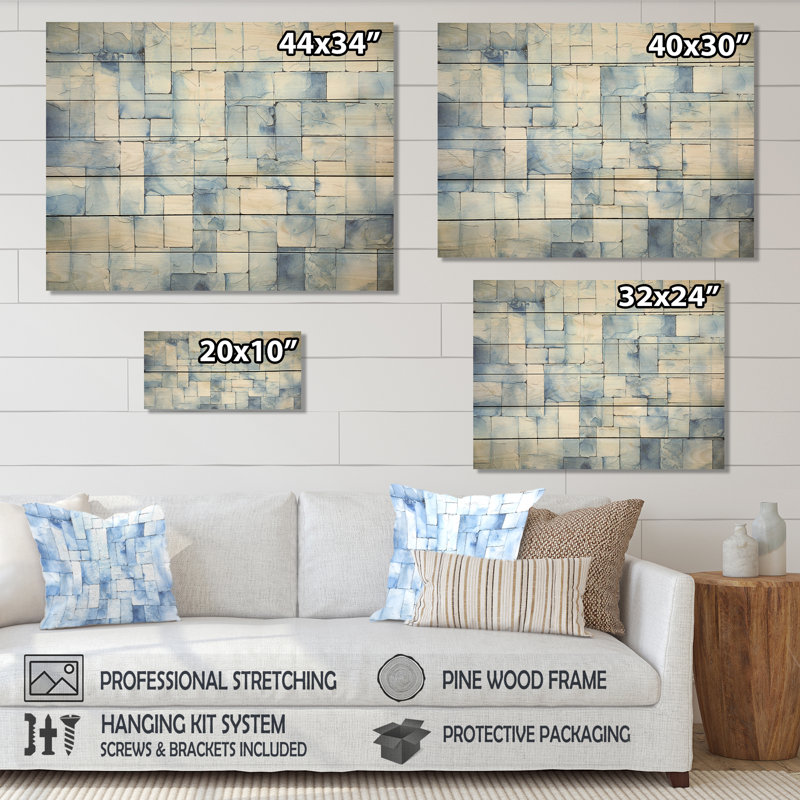 Carreaux scandinaves blancs et bleus II - mosaïque bohème sur bois, H 24 po x l 32 po