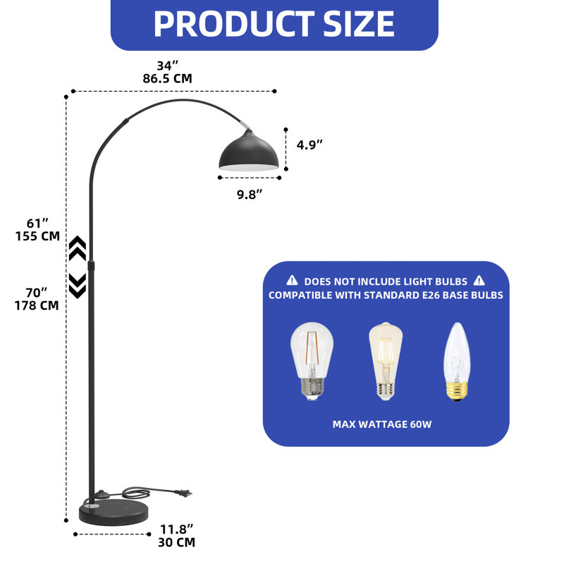 Adjustable Marble Base Floor Lamp with Foot Switch, Matte Black