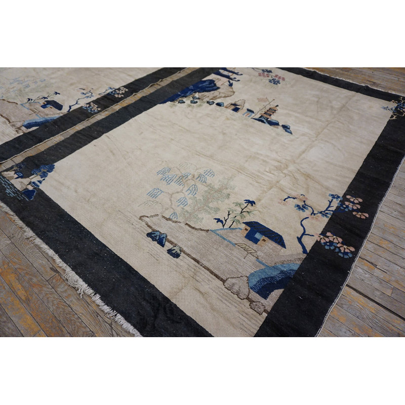 Pair of Scenic Pictorial Antique Ivory Chinese Art Deco Carpets