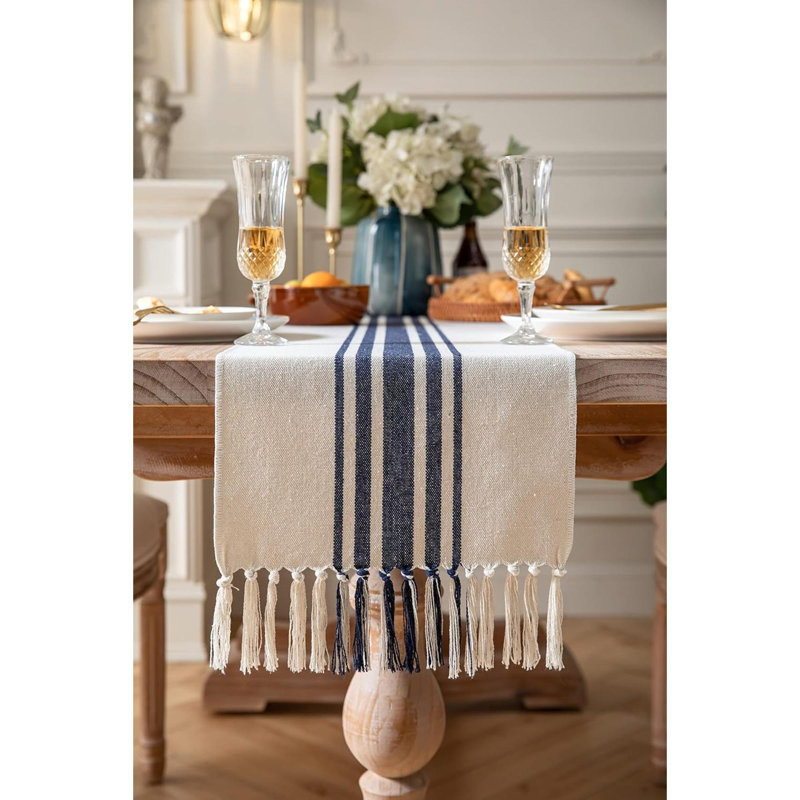 Molique Runner Striped Cotton Table Runner, Beige/Navy, 60" x 13"