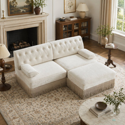 Tissu en velours confortable en L respirant, jupe à pampilles style Chesterfield, combinaison libre, accoudoirs carrés légèrement courbés, base en bois de qualité supérieure, facile à assembler, pour le salon, la chambre à coucher