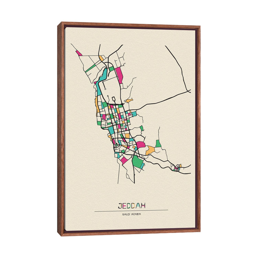 Jeddah, Saudi Arabia Map by Ayse Deniz Akerman - Floater Frame Print on Canvas