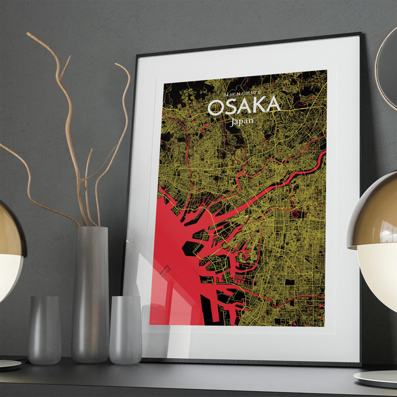 Osaka City Map in Contrast 1 Piece Wall Art, 36cm H x 24cm W x 0.05cm D