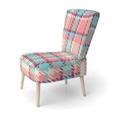 Cream And Pink Checked Tartan - Upholstered Patterned Accent Side Chair