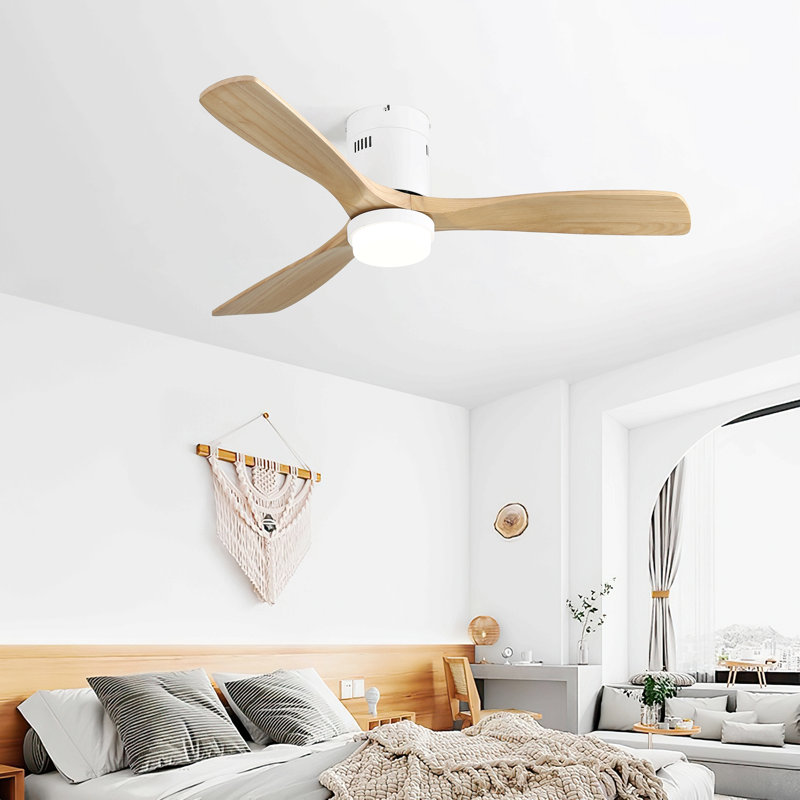 52 Inch Wooden Ceiling Fan With 18W Led Light 3 Solid Wood Blades Remote Control Reversible Dc Motor For Home, Natural, White