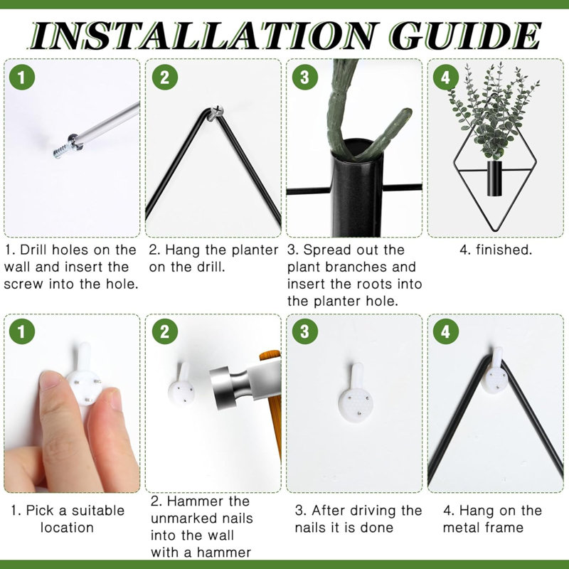 4 pots de fleurs suspendus avec vase en métal d'eucalyptus artificiel pour plantes d'intérieur et support mural moderne géométrique pour salle de bain (noir)