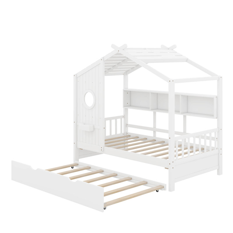 Lit avec lit gigogne Asahn, Lit simple, Blanc