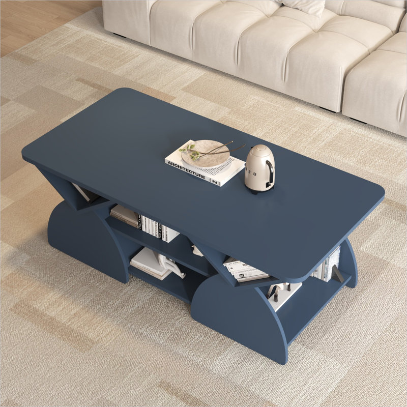 Table basse moderne bleue avec tablettes géométriques, rangement ouvert pour le salon, coins arrondis