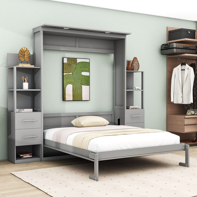 Lit escamotable en bois multi-fonctions, Gris, Grand lit