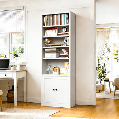 70.86 Inch Tall White Metal Bookcase with Doors, 5 Adjustable Shelves and Floor Standing Design, Open Top Section with 4 Shelves and Lower Cabinet with 1 Shelf and 2 Doors for Home Office, Living Room and Pantry