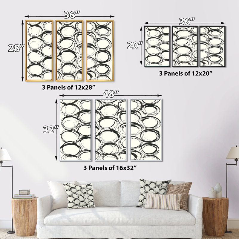 Minimaliste noir et blanc II - ensemble d'art moderne encadré sur toile Mid-Century, L 36 po x H 28 po, Cadre noir