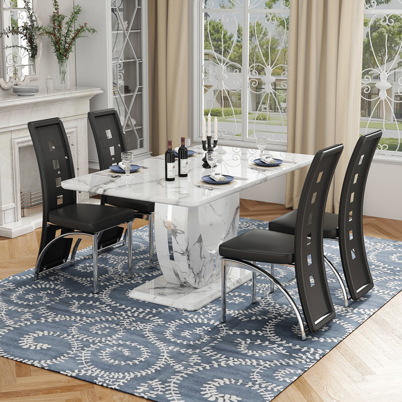 Ensemble de table de salle à manger avec chaises rembourrées en similicuir, 5 pièces: table, 4 chaises, Noir / argenté