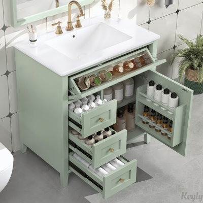 Meuble-lavabo moderne de 30 pouces avec lavabo, panneau de fibres à densité moyenne et armoire en bois d'hévéa, 3 tiroirs, tablette réglable, autoportant pour le rangement et l'organisation