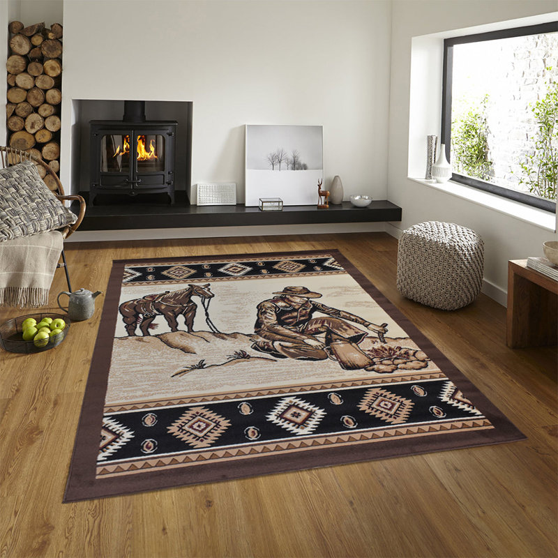 Tapis Airydale Western | Scène de feu de camp Cowboy | Beige et brun | Polypropylène | Tapis d'intérieur