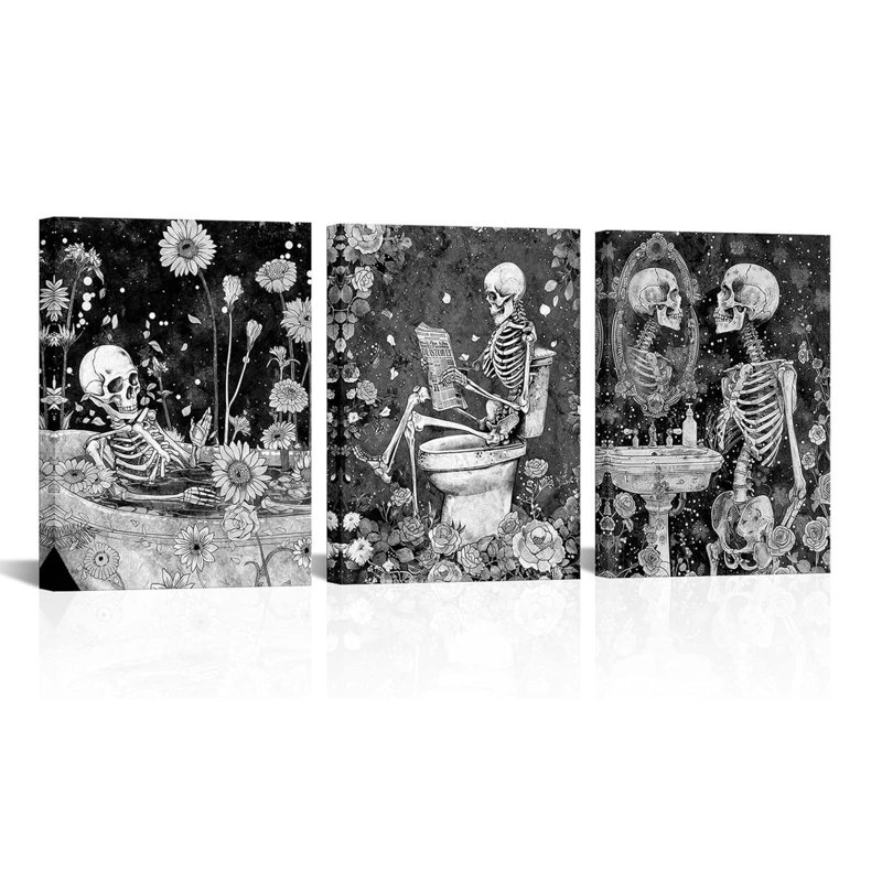 Skeleton Bathroom Decor Moody Skeleton Wall Art Pictures For Bathroom Gothic Painting For Home Decoration Framed 12X16 Inch Each Piece