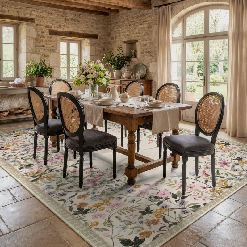 Floral Vintage Washable Beige 8X10 Area Rug with Non Slip Backing - Low Pile Durable Carpet for Living Room, Bedroom, Dining Room or Office Decor