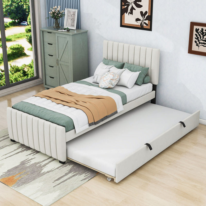 Twin Velvet Upholstered Platform Bed with Trundle, Beige