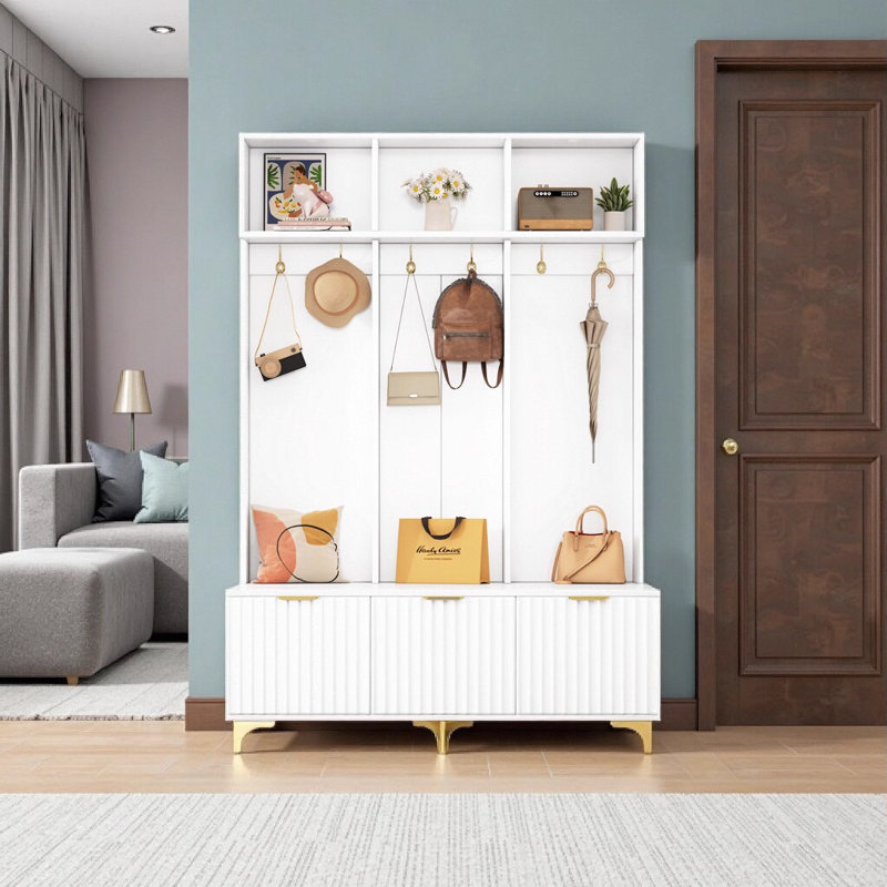 Arbre d'entrée moderne 3 en 1 avec banc de rangement, 6 crochets dorés et portes cannelées ultrabrillantes - Organisateur de vestibule blanc et doré pour le salon