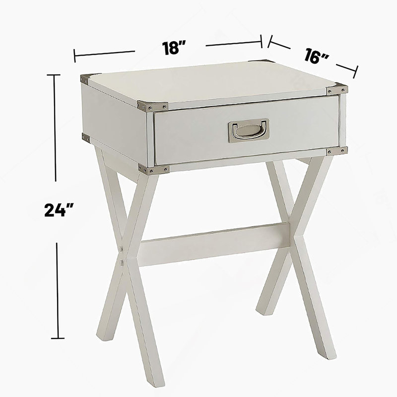 Élégante table d'appoint avec sangles de coin en métal et poignée de tiroir encastrée, idéale pour rehausser tout décor