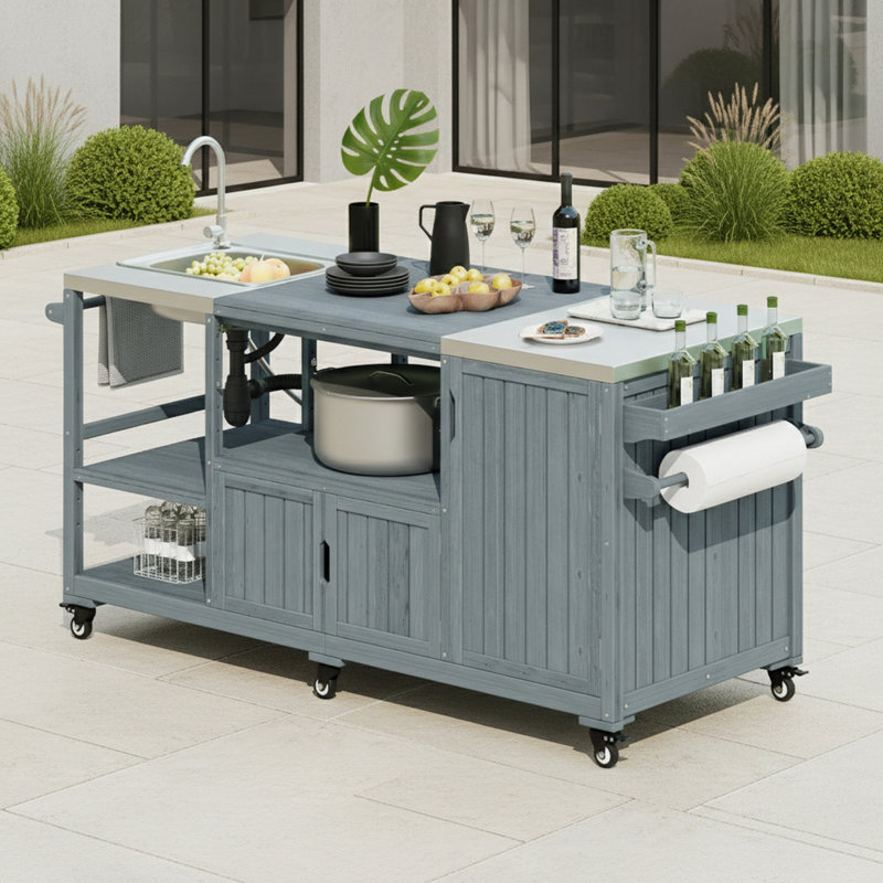 Îlot de cuisine roulant avec évier et armoire de rangement, Bleu gris