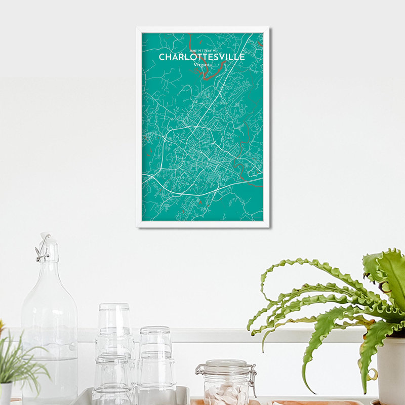 Charlottesville, carte de la ville, impression graphique, H 17 po x l 11 po x P 0,05 po, Vert / brun