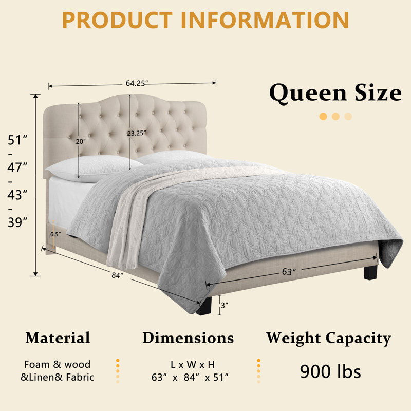Structure de lit tapissier capitonné avec tête de lit à hauteur réglable, Beige, Grand
